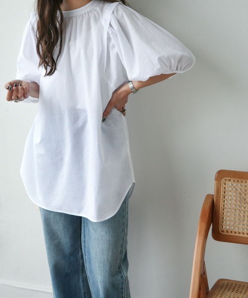 Chillfar（チルファー）の「後ろリボン5分袖ギャザーチュニック（チュニック・レディース・ブラック/オフホワイト/ピンク・FREE）」の6枚目の写真