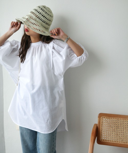 Chillfar（チルファー）の「後ろリボン5分袖ギャザーチュニック（チュニック・レディース・ブラック/オフホワイト/ピンク・FREE）」の7枚目の写真