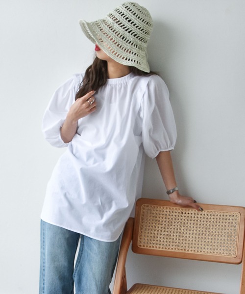 Chillfar（チルファー）の「後ろリボン5分袖ギャザーチュニック（チュニック・レディース・ブラック/オフホワイト/ピンク・FREE）」の8枚目の写真