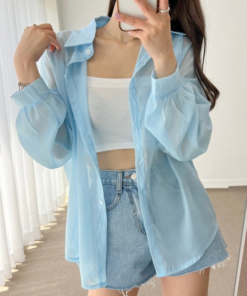 Girly Doll（ガーリードール）の「シアーレギュラーカラーシャツ（シャツ/ブラウス・レディース・ホワイト/ブラック/ベージュ/パープル/ブルー/グレー/オレンジ・FREE）」の5枚目の写真