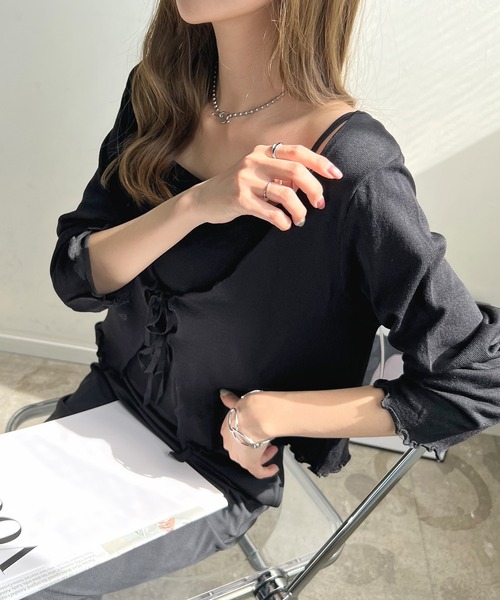 Futier land(フューティアランド)の「Wリボンカーディガン×キャミSET(カーディガン/ボレロ・レディース・ブラック/ピンク/アイボリー・FREE)」の3枚目の写真