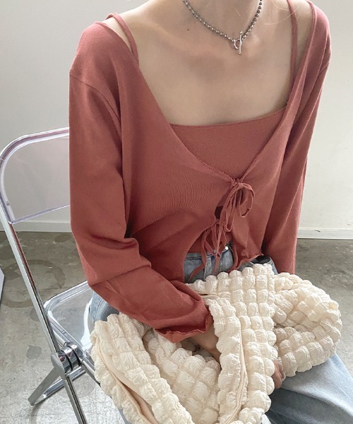 Futier land(フューティアランド)の「Wリボンカーディガン×キャミSET(カーディガン/ボレロ・レディース・ブラック/ピンク/アイボリー・FREE)」の6枚目の写真