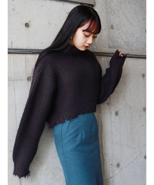 MURUA（ムルーア）の「ショートクラッシュニット（ニット/セーター・レディース・グリーン/アイボリー/ダークグレー・FREE）」の4枚目の写真