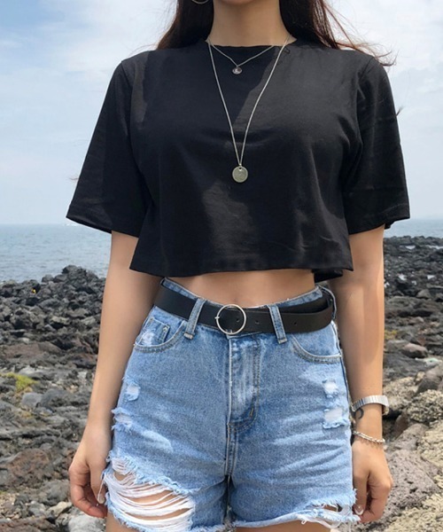 Miniministore(ミニミニストア)の「夏の新作 大人気チビT クロップド 半袖Tシャツ(Tシャツ/カットソー・レディース・チャコール/ブラック/ホワイト・FREE)」の1枚目の写真