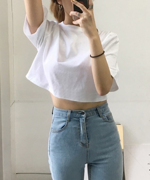 Miniministore(ミニミニストア)の「夏の新作 大人気チビT クロップド 半袖Tシャツ(Tシャツ/カットソー・レディース・チャコール/ブラック/ホワイト・FREE)」の13枚目の写真