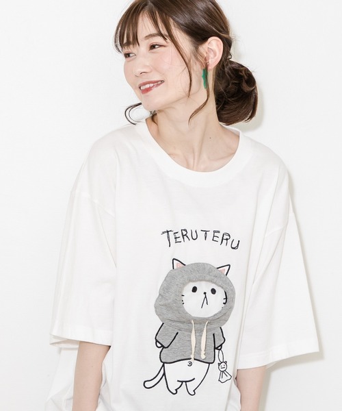 チェックアンドストライプ　トラネコTシャツ　Ｍ、アップリケ チェックアンドストライプ トラネコTシャツ M、アップリケ