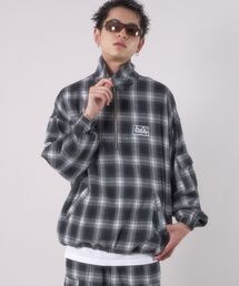 【SEQUENZ】 OMBLE MILITARY 1/3 ZIP JACKET / オンブレチェック ワンポイント ハーフジップ プルオーバー ドローコード