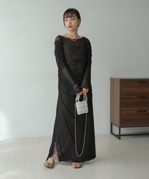 pup様 ワンピース S黒 シースルーレース刺繍 ネックビジューショートスレンダー長袖
