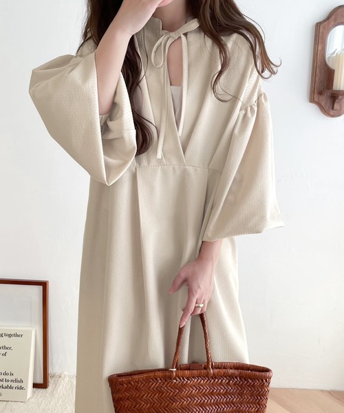 [韓国] ワンピース ロング シャツワンピ ウエストリボン 全2色 全2色 ウエストリボン付きロングシャツワンピース[品番