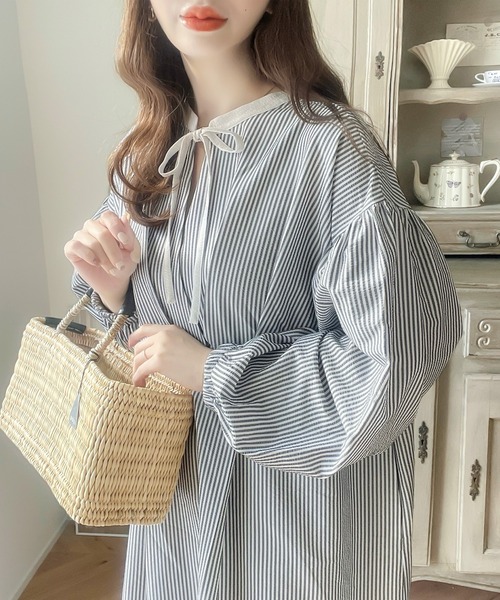 セール】ぽわん袖であざと女子♪2way長袖タックリボンワンピース