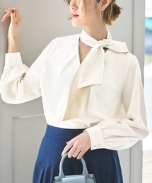 洗える ストレッチ | バイカラーボウタイブラウス | 長袖 Vネック トップス 体型カバー オフィスカジュアル 通勤服 華やか ボウタイ リボン ブラウス