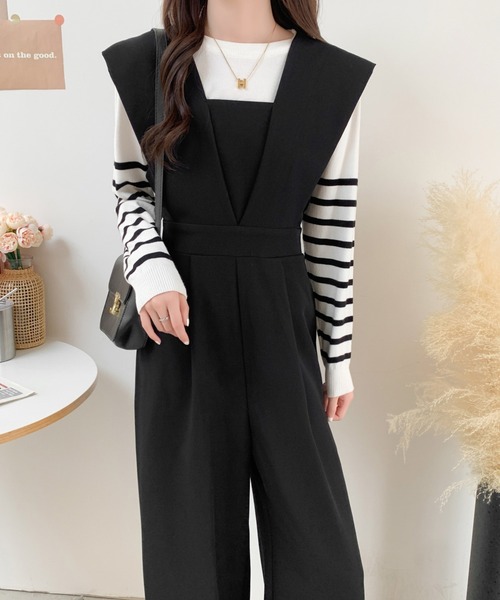 ABITOKYO（アビトーキョー）の「レイヤード風Vネックワイドサロペット（サロペット/オーバーオール・レディース・グレイッシュベージュ/チャコールグレー/ブラック/カーキ/ブルーグレー・M/L）」の11枚目の写真