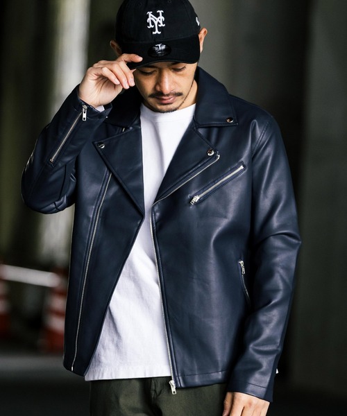 Rocky Monroe（ロッキーモンロー）の「ダブルライダースフェイクレザージャケット（ライダースジャケット・メンズ・ブルー/ブラック/ワイン/ネイビー・M/LL/L）」の3枚目の写真