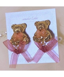 【ainoko Labo】girly pink ribbon teddy bear earrings(MA)