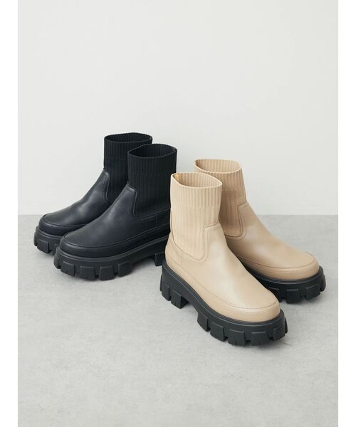 Green　Parks（グリーンパークス）の「・minia　ニットコンビブーツ（ブーツ・レディース・ベージュ/ブラック・L/LL/S/M）」の3枚目の写真