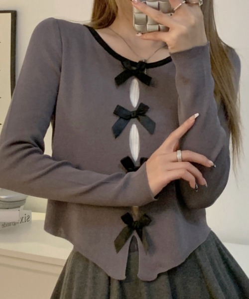 Vipoa（ヴィポア）の「mini ribbon tight knit cardigan（カーディガン/ボレロ・レディース・ピンク/グレー・FREE）」の2枚目の写真