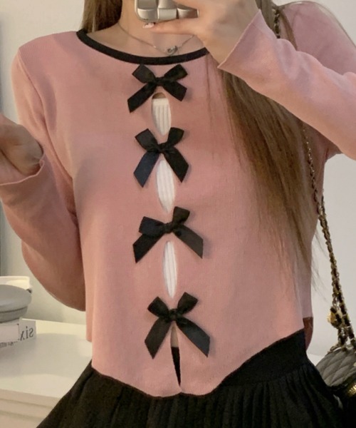 Vipoa（ヴィポア）の「mini ribbon tight knit cardigan（カーディガン/ボレロ・レディース・ピンク/グレー・FREE）」の6枚目の写真