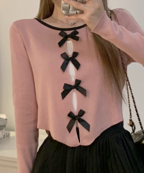 Vipoa（ヴィポア）の「mini ribbon tight knit cardigan（カーディガン/ボレロ・レディース・ピンク/グレー・FREE）」の7枚目の写真