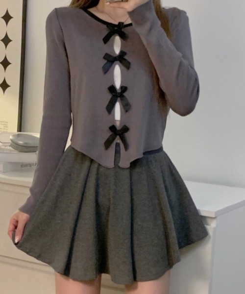 Vipoa（ヴィポア）の「mini ribbon tight knit cardigan（カーディガン/ボレロ・レディース・ピンク/グレー・FREE）」の3枚目の写真