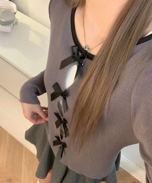 Vipoa（ヴィポア）の「mini ribbon tight knit cardigan（カーディガン/ボレロ・レディース・ピンク/グレー・FREE）」の4枚目の写真