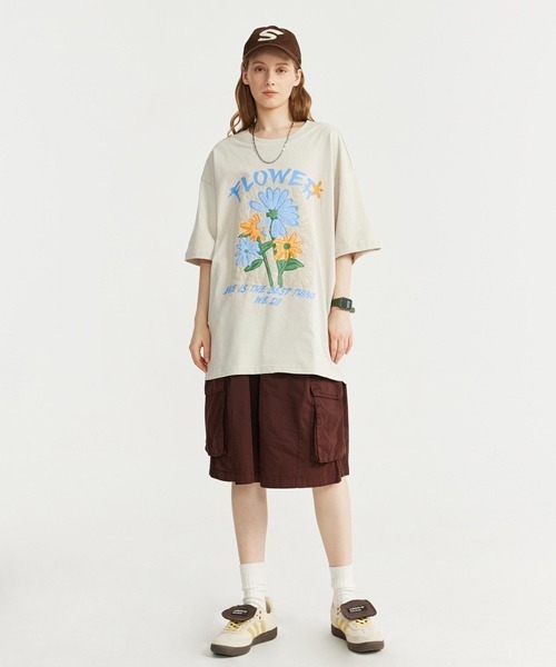 オーバーサイズ フラワー発泡プリントTシャツ 花柄（Tシャツ