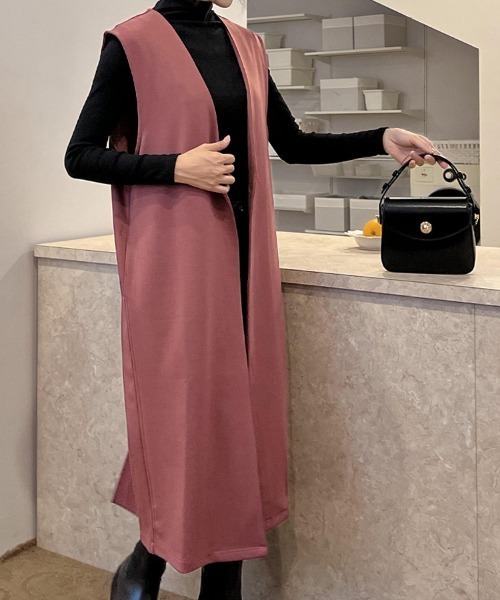 ad thie(アドティエ)の「ストレッチ素材 ノーカラー ロングジレ(ベスト・レディース・グリーン/イエロー/ライトグリーン/ブラック/ベージュ/ピンク/モカ・FREE)」の7枚目の写真