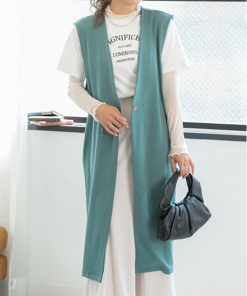 ad thie(アドティエ)の「ストレッチ素材 ノーカラー ロングジレ(ベスト・レディース・グリーン/イエロー/ライトグリーン/ブラック/ベージュ/ピンク/モカ・FREE)」の1枚目の写真