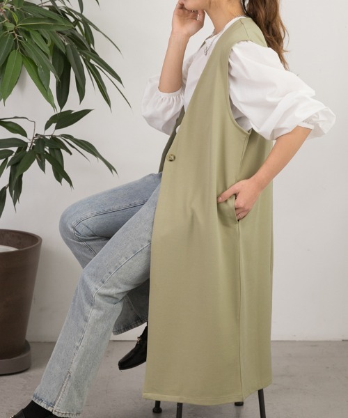 ad thie(アドティエ)の「ストレッチ素材 ノーカラー ロングジレ(ベスト・レディース・グリーン/イエロー/ライトグリーン/ブラック/ベージュ/ピンク/モカ・FREE)」の5枚目の写真