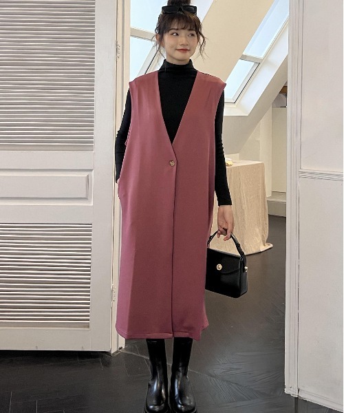 ad thie(アドティエ)の「ストレッチ素材 ノーカラー ロングジレ(ベスト・レディース・グリーン/イエロー/ライトグリーン/ブラック/ベージュ/ピンク/モカ・FREE)」の8枚目の写真