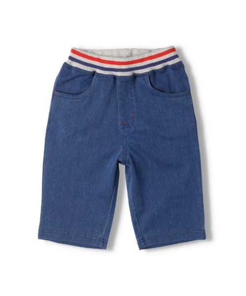 Moujonjon(ムージョンジョン)の「ウエストリブデニムニット6分丈ハーフパンツ(デニムパンツ・キッズ・ブルー/ネイビー・80/90/100/110/120/130/140)」の1枚目の写真