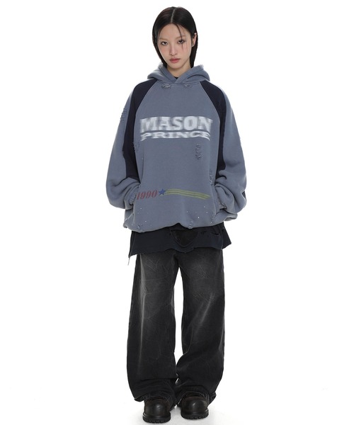 MASONPRINCE（メイソンプリンス）の「オーバーサイズ ダメージ加工 コントラストカラー パーカー WY6358【MASONPRINCE】（パーカー・メンズ・ブルー/ダークグレー・S/L/M）」の3枚目の写真