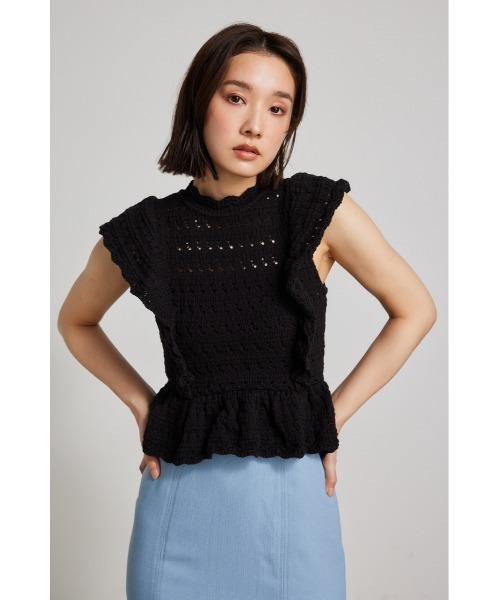 セール】フリルクロシェニットトップス 夏服 サマーニット