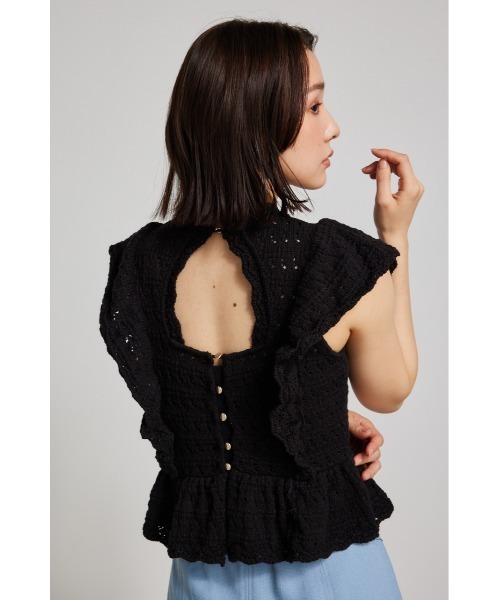 セール】フリルクロシェニットトップス 夏服 サマーニット