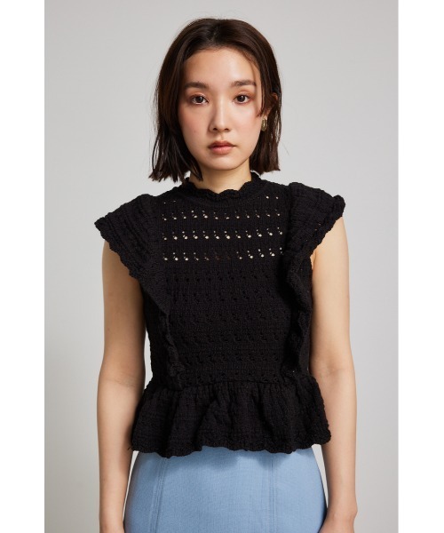 セール】フリルクロシェニットトップス 夏服 サマーニット