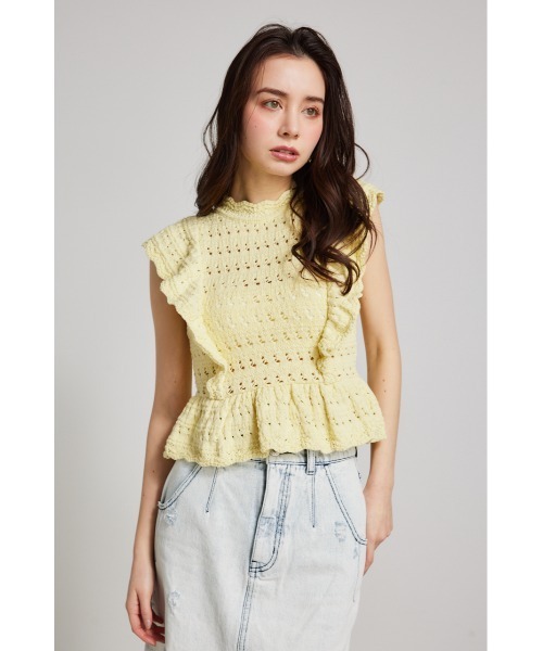 セール】フリルクロシェニットトップス 夏服 サマーニット