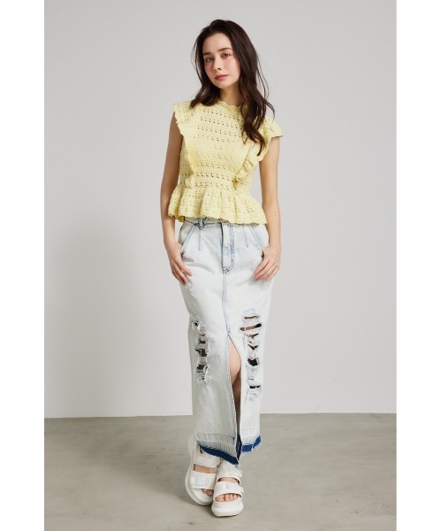 rienda(リエンダ)の「フリルクロシェニットトップス 夏服 サマーニット ノースリーブトップス(ニット/セーター・レディース・イエロー/ホワイト/ブラック・FREE)」の11枚目の写真