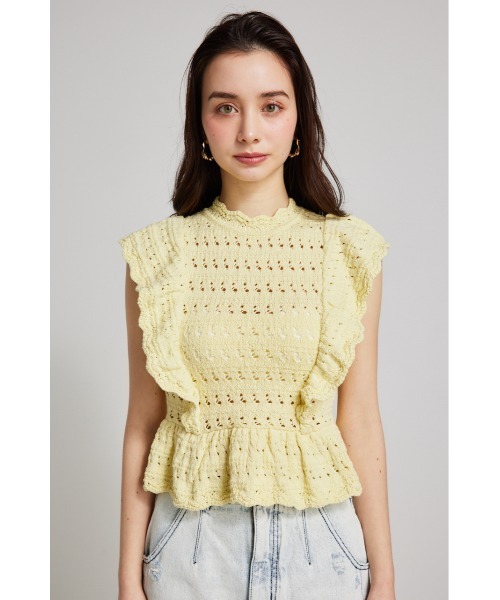 rienda(リエンダ)の「フリルクロシェニットトップス 夏服 サマーニット ノースリーブトップス(ニット/セーター・レディース・イエロー/ホワイト/ブラック・FREE)」の13枚目の写真