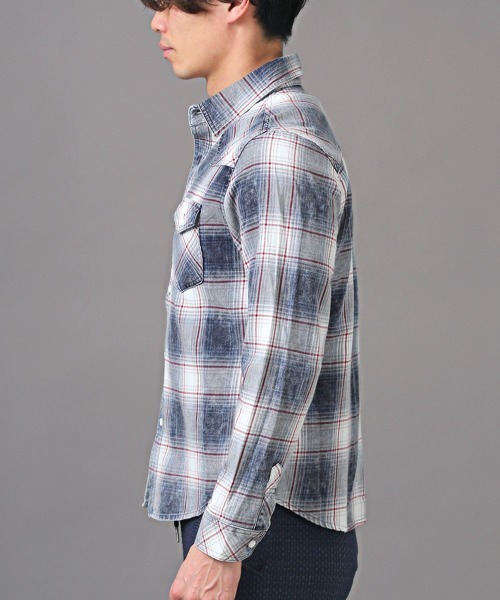 LUXSTYLE（ラグスタイル）の「インディゴチェック長袖シャツ（シャツ/ブラウス・メンズ・レッド/インディゴブルー・M/XL/L）」の4枚目の写真
