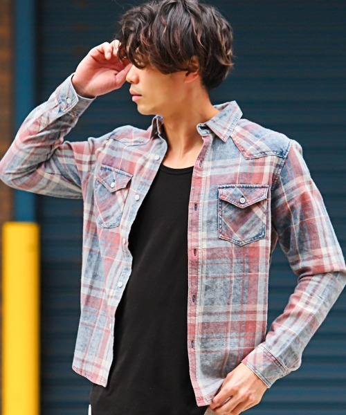 LUXSTYLE（ラグスタイル）の「インディゴチェック長袖シャツ（シャツ/ブラウス・メンズ・レッド/インディゴブルー・M/XL/L）」の5枚目の写真