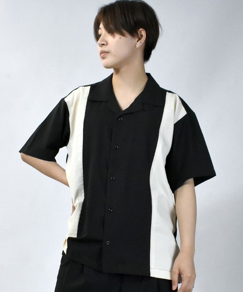セール】bicolor stitching open collar shirt/バイカラー