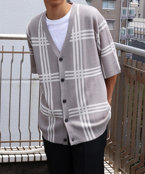 接触冷感 オーバーサイズ 5分袖 サマーニットVカーディガン スプラッシュ柄 チェック柄 無地（カーディガン/ボレロ）｜WESTSEA（ウエストシー）