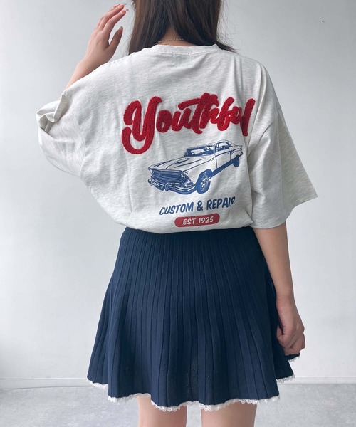 AS KNOW AS plus(アズノゥアズプラス)の「◎車バックプリント サガラ刺繍ロゴ ゆったりオーバーサイズ半袖Tシャツ(Tシャツ/カットソー・レディース・ピンク/キナリ/スミクロ/アイボリー系/ブラック系/ピンク系/ベージュ系1/ピンク系1/ブラック系1・FREE)」の5枚目の写真