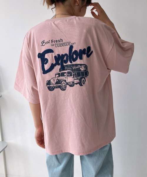 AS KNOW AS plus(アズノゥアズプラス)の「◎車バックプリント サガラ刺繍ロゴ ゆったりオーバーサイズ半袖Tシャツ(Tシャツ/カットソー・レディース・ピンク/キナリ/スミクロ/アイボリー系/ブラック系/ピンク系/ベージュ系1/ピンク系1/ブラック系1・FREE)」の8枚目の写真