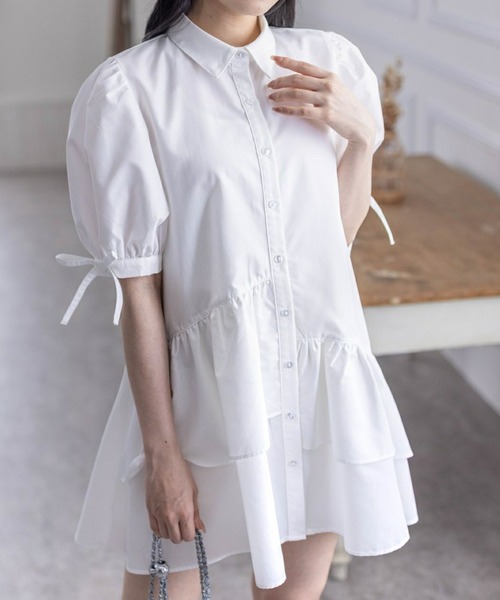 clear（クリア）の「裾アシメフリル袖リボン半袖シャツワンピース[バレエコア ガーリー ミニ丈 ショート丈]≪再入荷≫（ワンピース・レディース・ブルー/ピンク/オフホワイト/ブルー系その他/ブラック・F）」の2枚目の写真