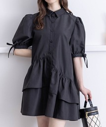 clear | 裾アシメフリル袖リボン半袖シャツワンピース≪2024SS新作≫(ワンピース)