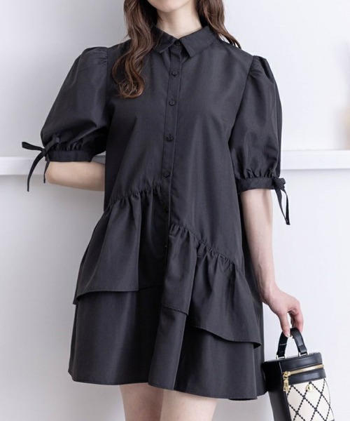 clear（クリア）の「裾アシメフリル袖リボン半袖シャツワンピース[バレエコア ガーリー ミニ丈 ショート丈]≪再入荷≫（ワンピース・レディース・ブルー/ピンク/オフホワイト/ブルー系その他/ブラック・F）」の3枚目の写真