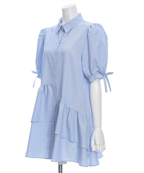 clear（クリア）の「裾アシメフリル袖リボン半袖シャツワンピース[バレエコア ガーリー ミニ丈 ショート丈]≪再入荷≫（ワンピース・レディース・ブルー/ピンク/オフホワイト/ブルー系その他/ブラック・F）」の14枚目の写真