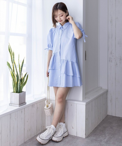 clear（クリア）の「裾アシメフリル袖リボン半袖シャツワンピース