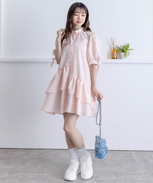 clear（クリア）の「裾アシメフリル袖リボン半袖シャツワンピース[バレエコア ガーリー ミニ丈 ショート丈]≪再入荷≫（ワンピース・レディース・ブルー/ピンク/オフホワイト/ブルー系その他/ブラック・F）」の21枚目の写真