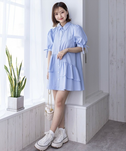 clear（クリア）の「裾アシメフリル袖リボン半袖シャツワンピース